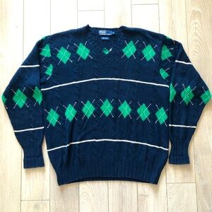 Vintage Polo Ralph Lauren Hand Knit 3D Cable Knit Argle Golf Sweater Size XL